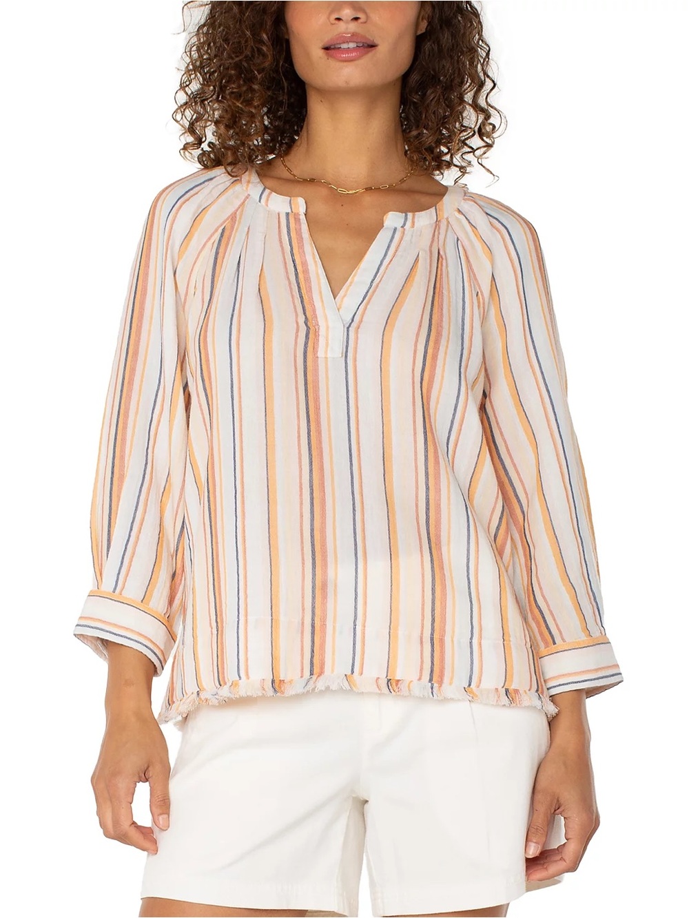 Liverpool Los Angeles Women's Cotton Striped Frayed-Hem Popover Top